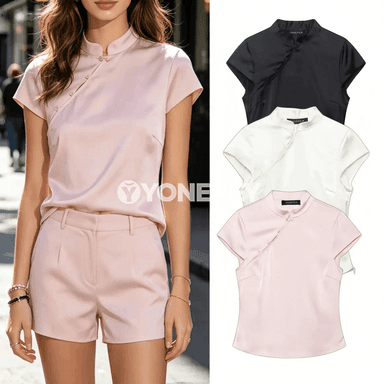 Zenanlar üçin gysga ýeňli slim fit düwmejikli şäher bluzkasy