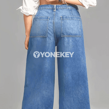 Aýal-gyzlar üçin giň balak jeans, ýokary bil, uly ölçeg
