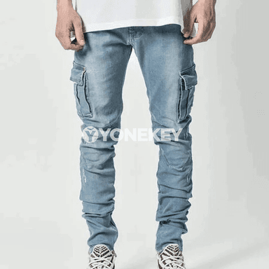 Erkekler üçin elastik slim fit cargo jeans, köp jübülü gündelik jalbar