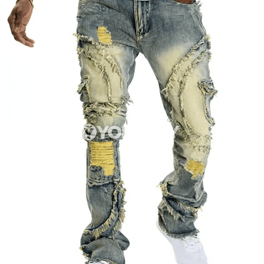 2025 täze erkekleriň retro bölükli giň balak jeanslary, giň aşaky model