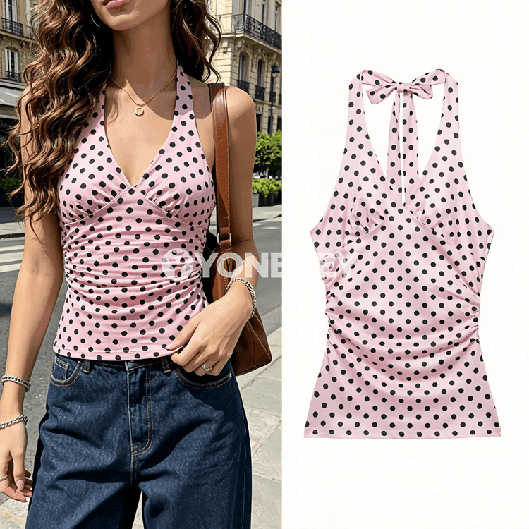 Zenanlar üçin polka nokatly ýeňsiz top, açyk eginli, tomusky