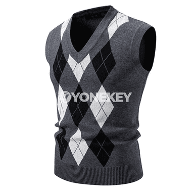 Erkekler üçin V boýun ýeňsiz argyle trikotaž switer-jilet
