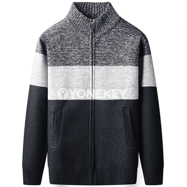 Erkekler üçin gyş ýyly fleece kardigan, zipli, dik boýunly