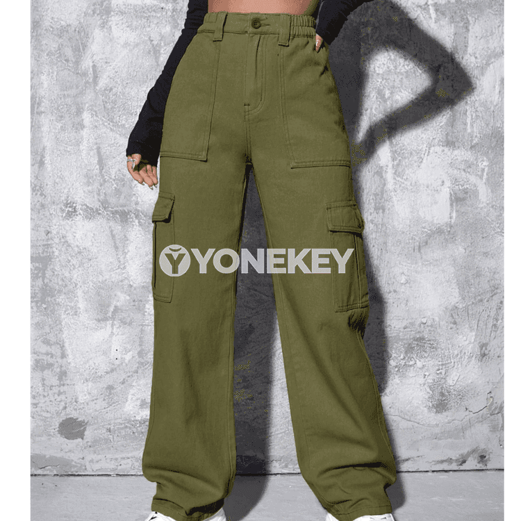 Zenanlar üçin giň kesimli ýokary belli denim jalbar