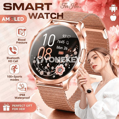 Aýal-gyzlar üçin AMOLED akylly sagat, Bluetooth jaňly, suw geçirmeýän