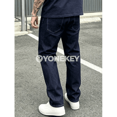 Erkekler üçin klassik streçjeans, rahat slim fit, ýokary hilli denim