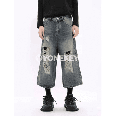 Erkekler üçin giň balakly, ýyrtyk görnüşli denim jinsy balak