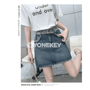 Zenanlar üçin ýokary belli denim mini ýubka, dar kesim
