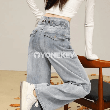 Aýal-gyzlar üçin beýik belli giň balakly jeans, rahat retro stil