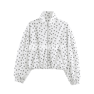 Aýallar üçin polka nokatly güýz penjek, ýokary boýunly, fermuarly