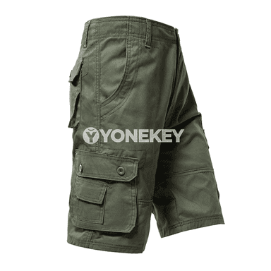Erkekler üçin giň jübi ly cargo şortikler, tomusky, KHAKI we ýaşyl