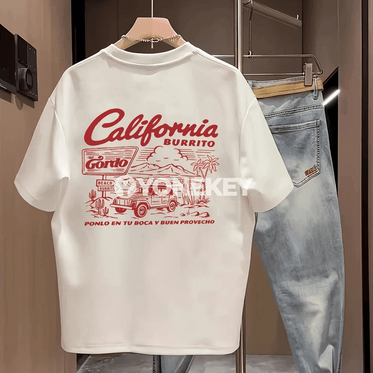 Retro California Burrito erkek futbolkasy, giň kesim, pagta, gysga ýeňli