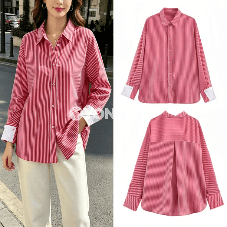 Zenanlar üçin giň göwüşli zolakly uzyn ýeňli köýnek-bluza