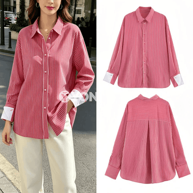 Zenanlar üçin giň göwüşli zolakly uzyn ýeňli köýnek-bluza