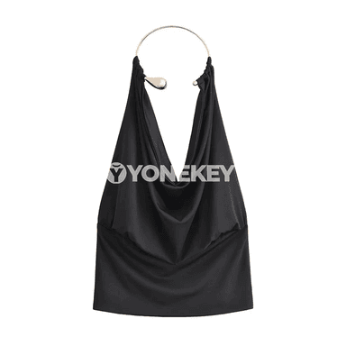Zenanlar üçin slim fit metal halkaly ýeňsiz top, V boýun