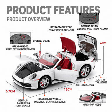 Porsche 911 Targa 4S 1:32 metal awtoulag modeli, sesli we yşykly