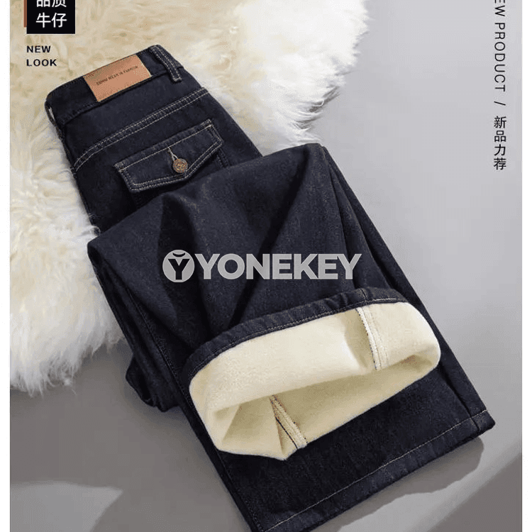 Zenanlar üçin giň balakly ýyly jeans, ýokary bel, gyş möwsümi