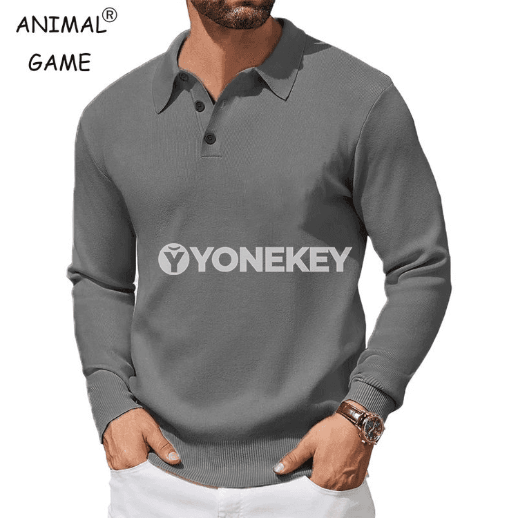 Erkekler üçin gyş ýyly polo switer, uzyn ýeňli, düwmeli