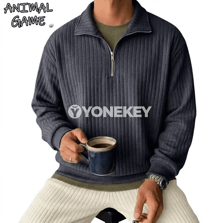 Erkekler üçin zolakly fermuarly polo ýaka sweatshirt