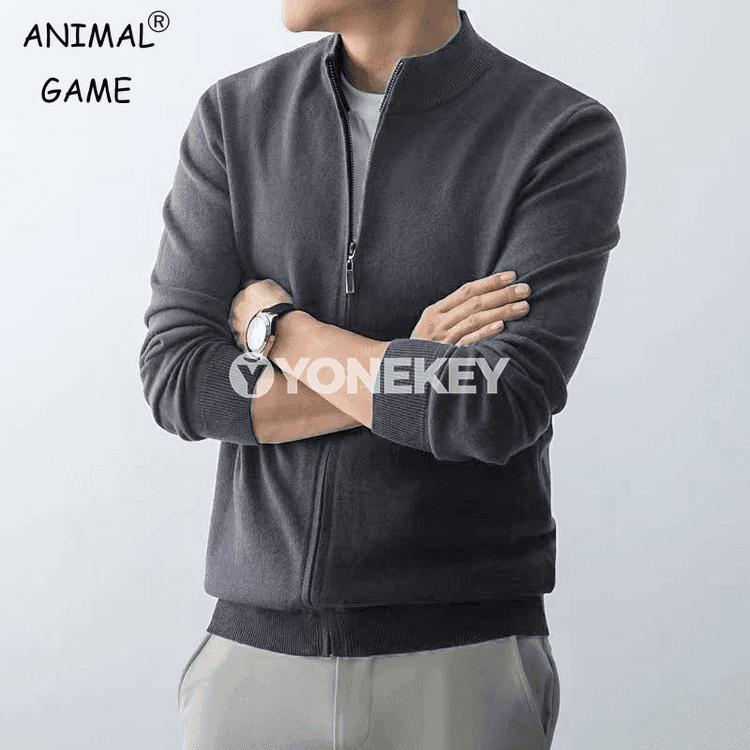 Erkekler üçin ýyly zipli kardigan, slim fit trikotaž switer