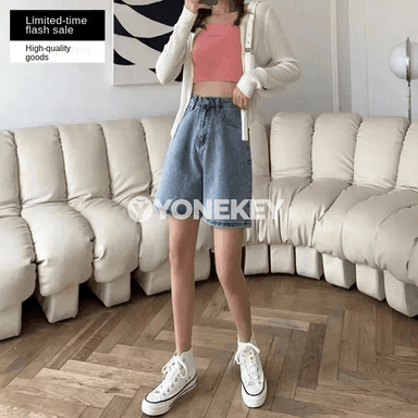 Zenanlar üçin ýokary billi giň kesimli denim şortik