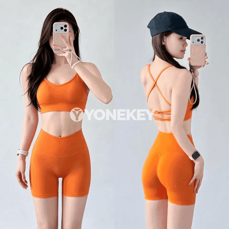 Aýallar üçin 2 bölekli tikinsiz ýoga toplumy, sport bra we şortik