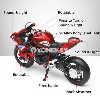Kawasaki H2R Ninja 1:12 metal motosikl modeli, ýagtylyk we sesli