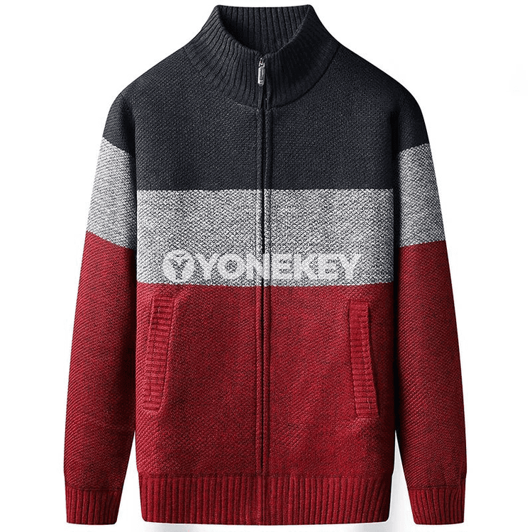 Erkekler üçin gyş ýyly fleece kardigan, zipli, dik boýunly