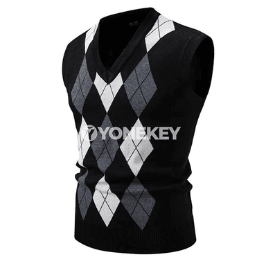 Erkekler üçin V boýun ýeňsiz argyle trikotaž switer-jilet