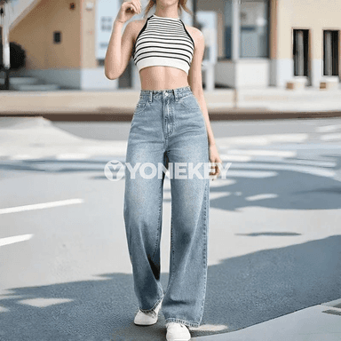 Zenanlar üçin giň balakly ýokary belli denim jinsler, ýazlyk stil