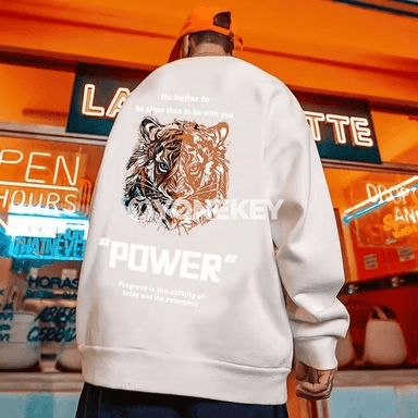 Erkekler üçin giň kesimli, ýumşak retro ýolbars çaply sweatshirtdi