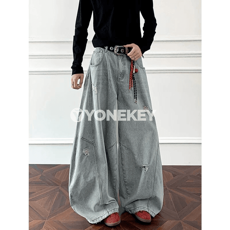 Erkekler üçin giň kesimli denim jeans balaklar, streetwear stilinde