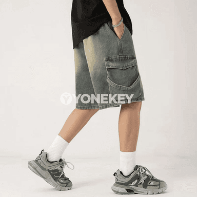 Erkekler üçin giň kesimli denim şortik, bagly, gündelik stil