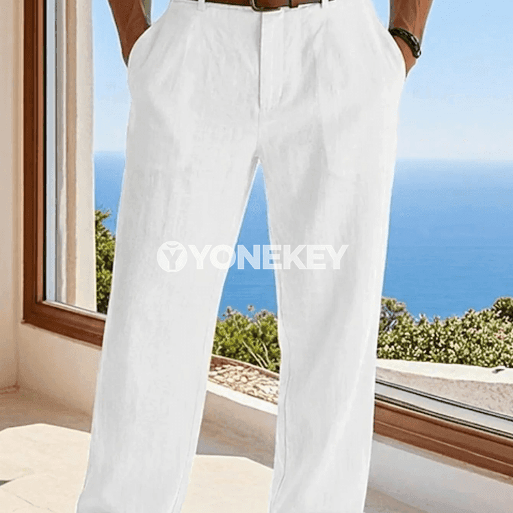 Erkekler üçin ýazky keten resmi balaklar, göni kesim
