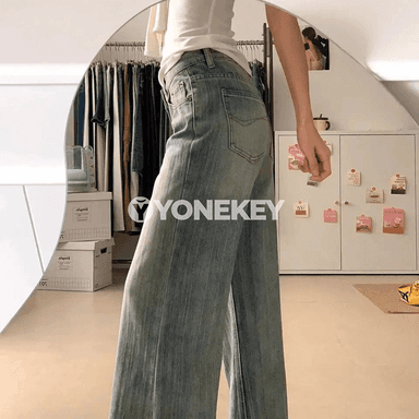 Zenanlar üçin giň kesimli ýokary elastik denim jeans