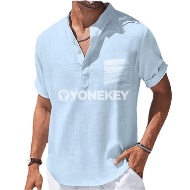 Erkekler üçin ýeňil tomus köýnegi, dik ýaka, bir reňkli, rahat kesim