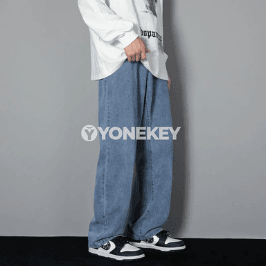 Erkekler üçin giň balakly klassiki denim jeans, gök we gara