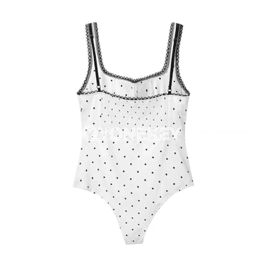 Zenanlar üçin ýazky ýeňsiz polka nokatly bodi, ýönekeý stil