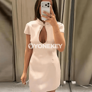 Zenanlar üçin ýaz-tomus slim fit satin mini köýnek, dury ýakaly