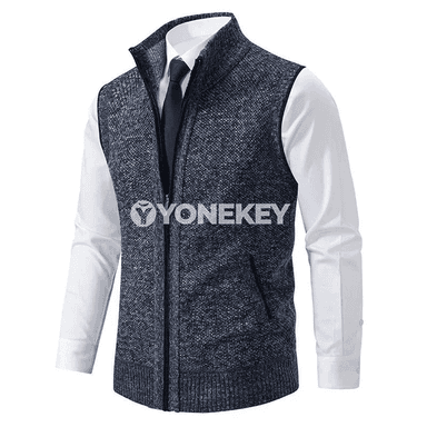Erkekler üçin örülen ýeňsiz ýyly köýnekçe, fermuarly, goýy boýunly