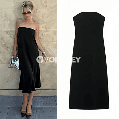 Zenanlar üçin ýeňil strapless midi köýnek, gündelik we ofis üçin