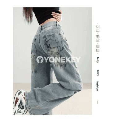 Aýal-gyzlar üçin ýokary belli giň pera balak, retro denim