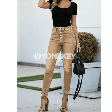 Zenanlar üçin uzyn khaki jeans, giň kesimli, gündelik we döwrebap