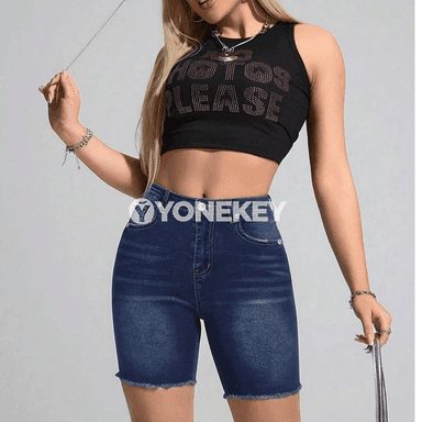 Zenanlar üçin denim şortik, ýokary bil, gündelik we ýeňil rahat stil