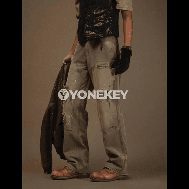 Erkekler üçin giň kesimli retro jeans, vintage ýuwulan denim balak