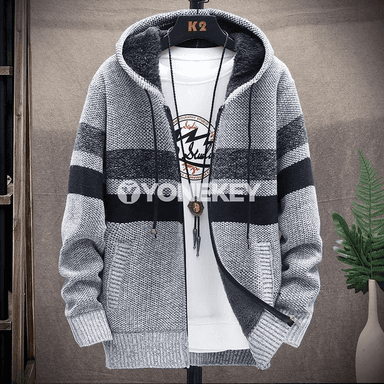 Erkekler üçin zolakly ziperli trikotaj kardigan switer, ýyly
