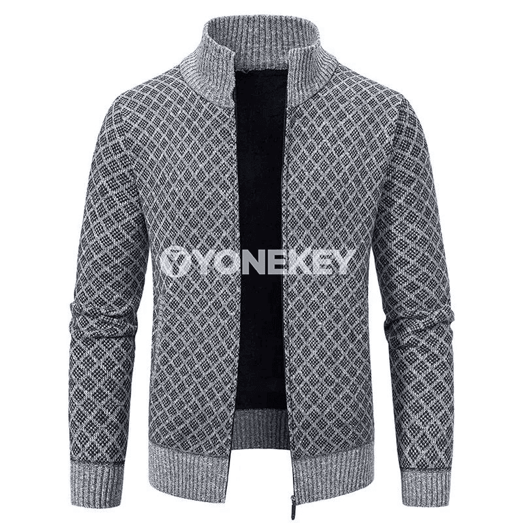 Erkekler üçin ýyly knitted kardigan, zipli, güýz-gyş modeli