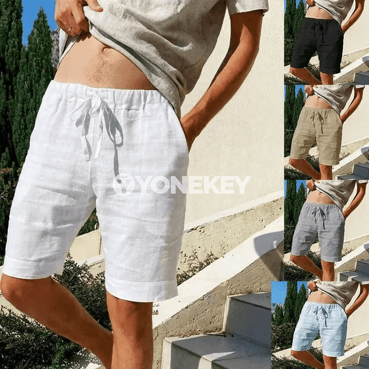 Erkekler üçin giň kesimli pagta-zigir şorty, tomuslyk rahat model