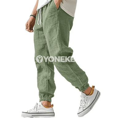 Koreý görnüşli erkek linen balaklary, rahat giň model, ýaz güýz üçin