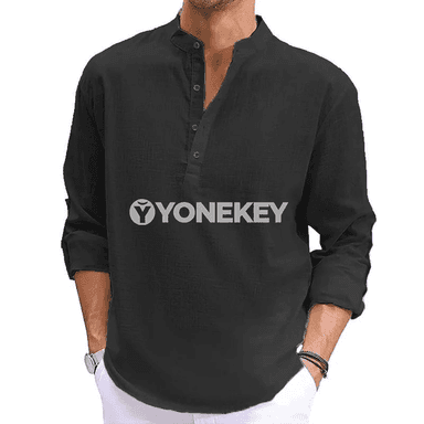 Erkekler üçin ýeňil uzyn ýeňli Henli köýnek, rahat stil